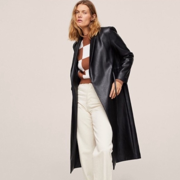 Mango Black Long Line Faux Leather Trench Jacket - Picture 1 of 7